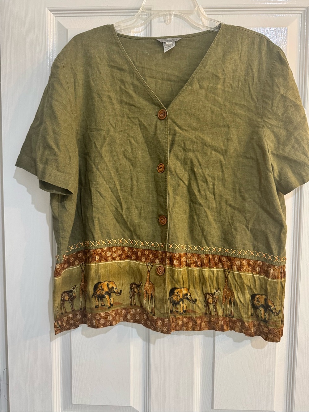 Vintage Stonebridge Bohemian Linen Safari Print Button-Front Top